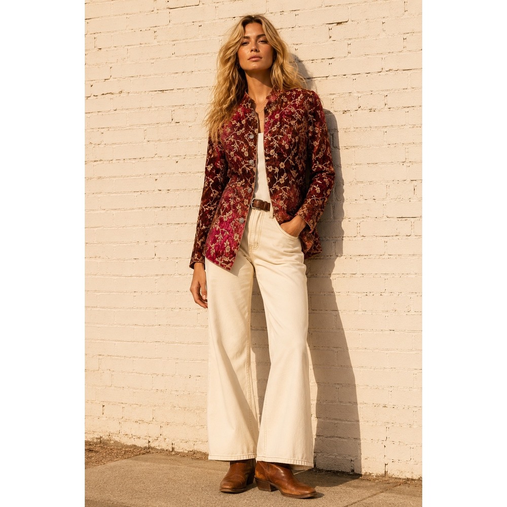 Vintage Erin London Red Velvet Burnout Floral Tapestry Jacket Mandarin Collar PL